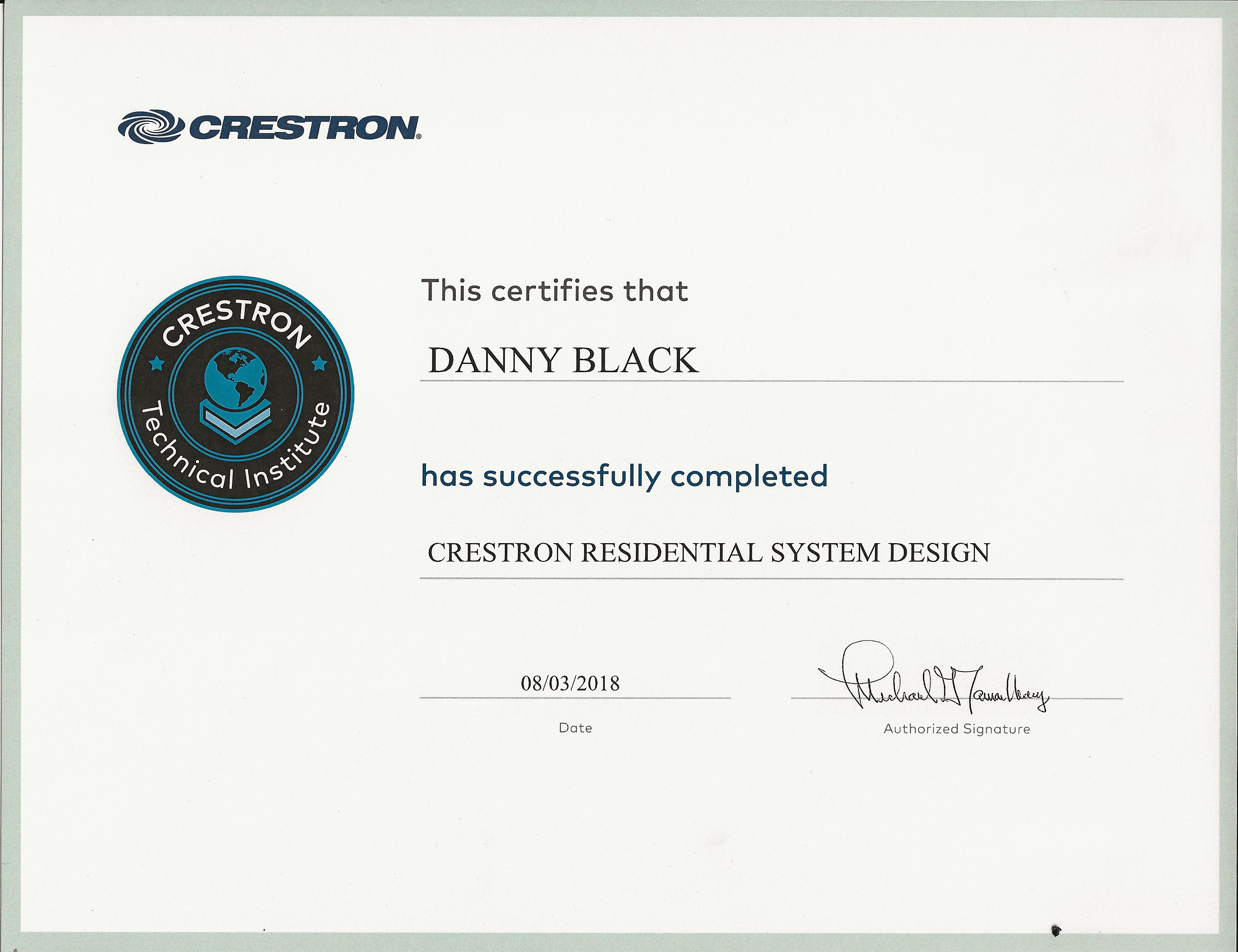 Crestron Residential System Design Certificate